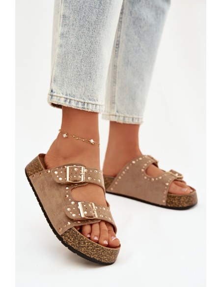 Klapki Damskie Ze Złotymi Klamrami I Ćwiekami Khaki Tervina