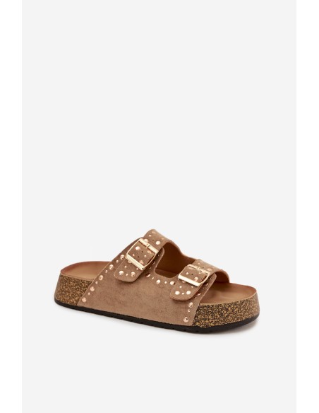 Klapki Damskie Ze Złotymi Klamrami I Ćwiekami Khaki Tervina