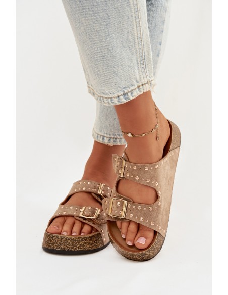 Klapki Damskie Ze Złotymi Klamrami I Ćwiekami Khaki Tervina