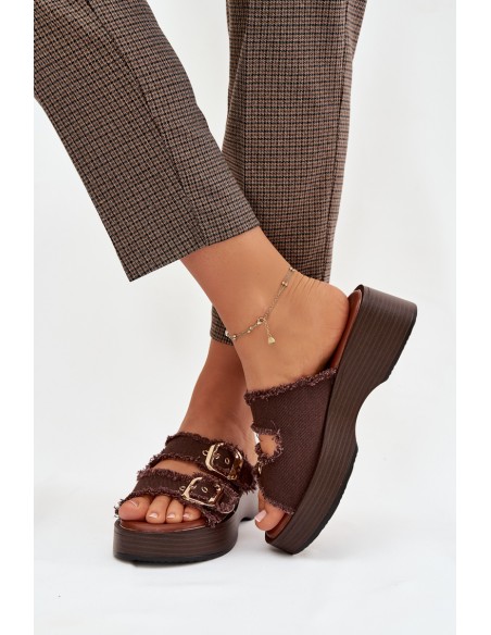 Women's Platform Slippers with Gold Clamps Chocolate Renelisse