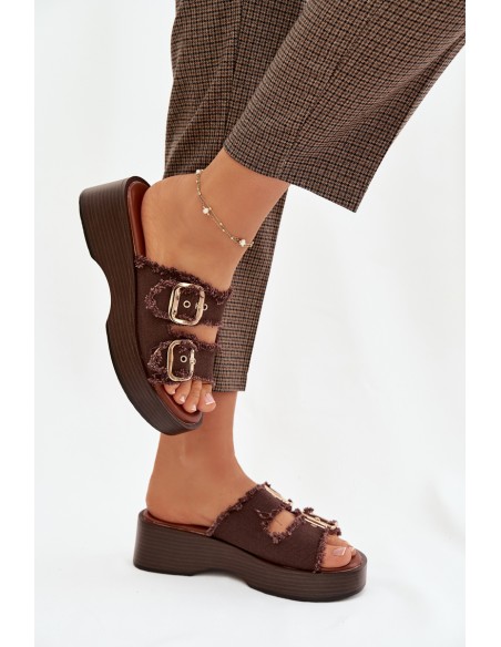 Women's Platform Slippers with Gold Clamps Chocolate Renelisse