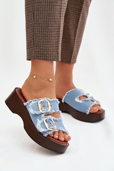 Women's Platform Slippers with Gold Clamps Blue Renelisse