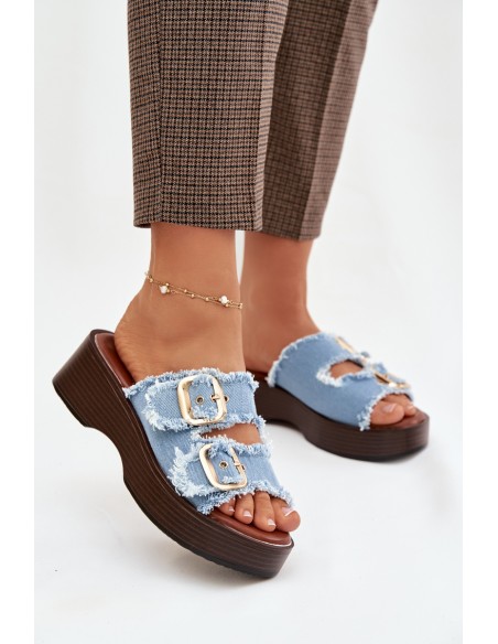 Moteriškos šlepetės su platforma ir auksiniais spaustukais, mėlynos...