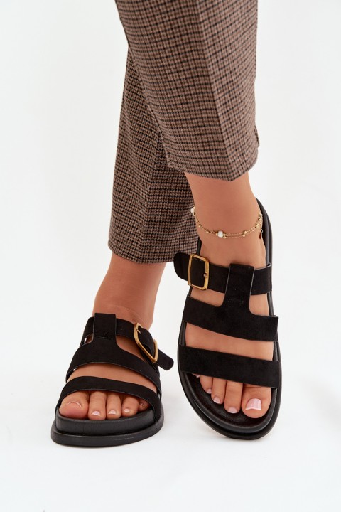 Moteriškos šlepetės su dirželiais ir auksine sagtimi, juodos Ulerissa