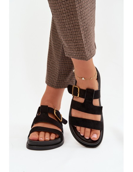 Women's Slippers With Straps And Gold Buckle Black Ulirissa