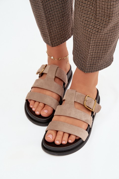 Women's Slippers With Straps And Gold Buckle Beige Ulirissa