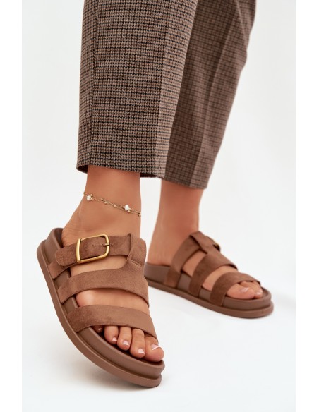 Moteriškos šlepetės su dirželiais ir auksine sagtimi, rudos spalvos, Ulīrissa