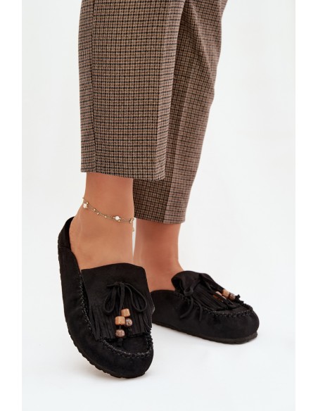 Women's Mules with Fringes and Beads Black Belissa