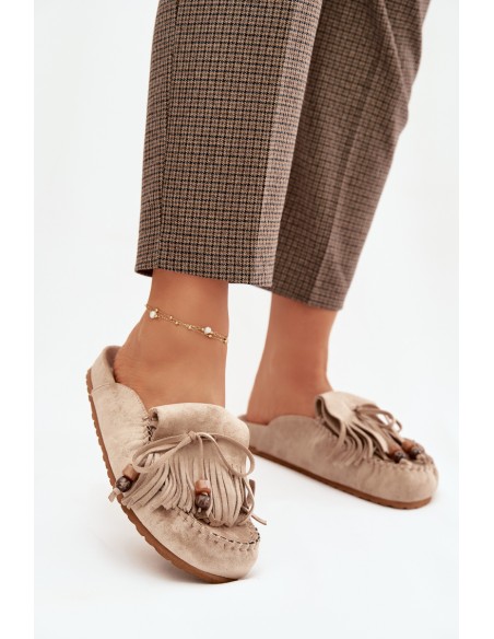 Klapki Damskie Mule Z Frędzlami I Koralikami Beżowe Belissa
