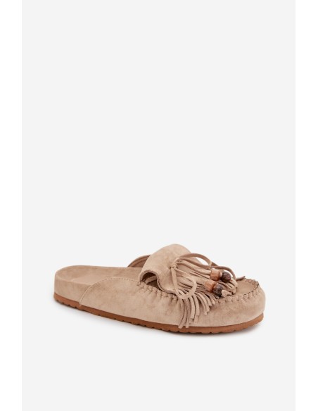 Klapki Damskie Mule Z Frędzlami I Koralikami Beżowe Belissa