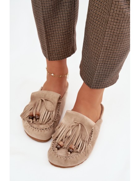 Klapki Damskie Mule Z Frędzlami I Koralikami Beżowe Belissa