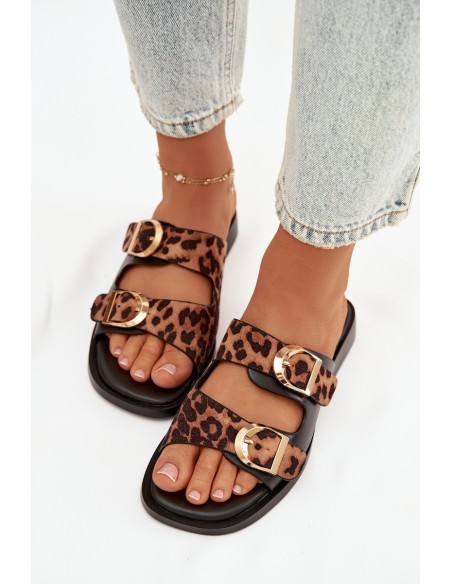 Women's Slippers With Gold Clips Leopard Black-Brown Danelle