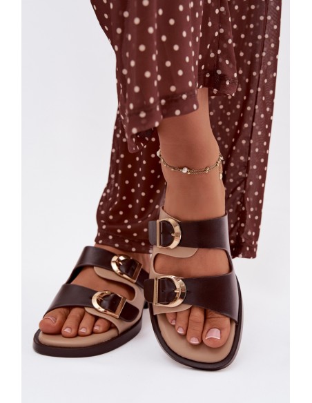 Women's Slippers With Gold Buckles Beige-Brown Danelle