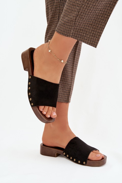 Women's Flat Sandals with Gold Studs Black Girella