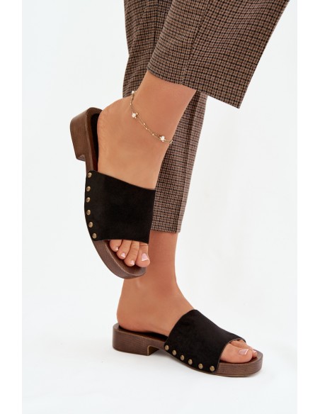 Women's Flat Sandals with Gold Studs Black Girella