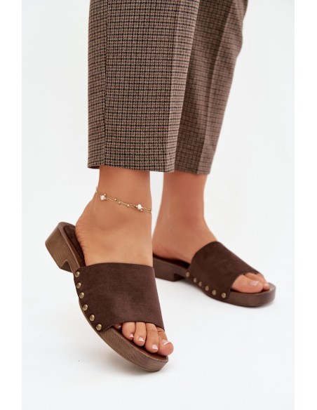 Moteriškos plokščios basutės su auksinėmis sagtimis šokolado spalvos „Girella“