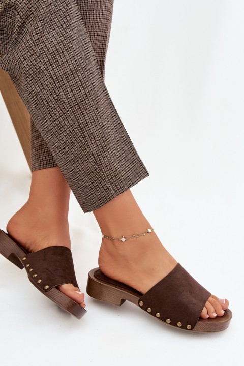 Moteriškos plokščios basutės su auksinėmis sagtimis šokolado spalvos „Girella“