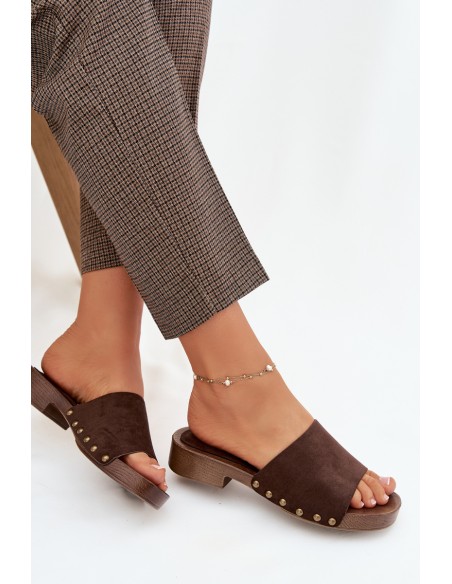 Moteriškos plokščios basutės su auksinėmis sagtimis šokolado spalvos „Girella“