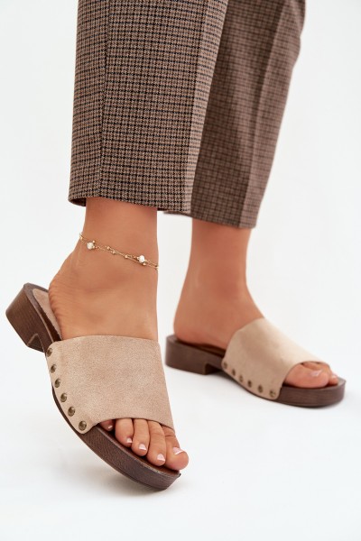 Women's Flat Heel Slippers with Gold Buckles Beige Girella