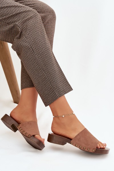 Women s Flat Heel Slippers with Gold Buckles Brown Girella