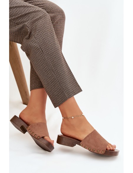 Moteriškos šlepetės plokščiu kulnu su auksinėmis sagtimis, rudos spalvos „Girella“