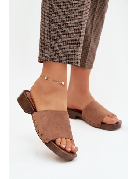 Moteriškos šlepetės plokščiu kulnu su auksinėmis sagtimis, rudos spalvos „Girella“