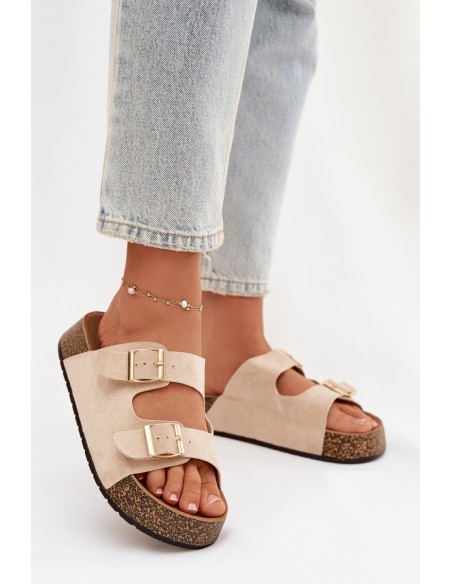 Women's Cork Platform Slides with Gold Clamps Light Beige Tovessa