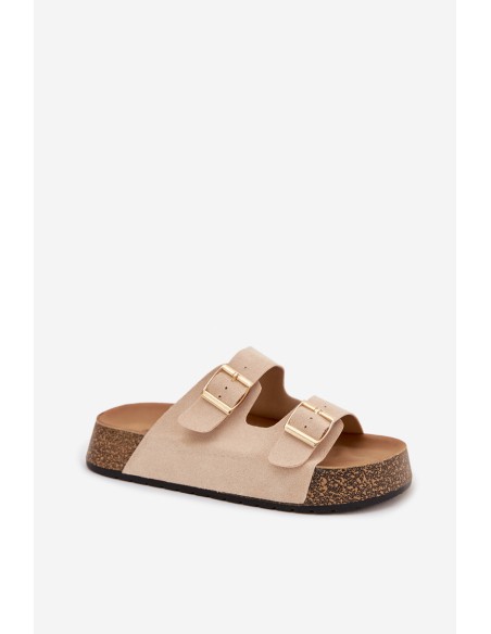 Moteriškos kamštinės platforminės šlepetės su auksiniais spaustukais, šviesiai smėlio spalvos, Tovessa