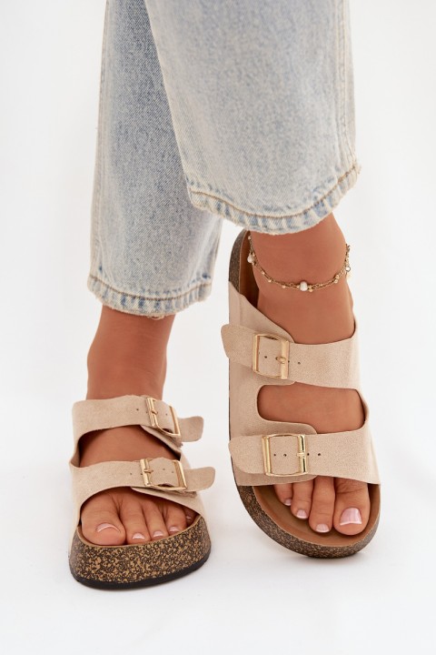Women's Cork Platform Slides with Gold Clamps Light Beige Tovessa