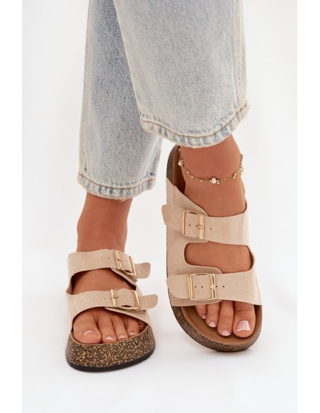 Women's Cork Platform Slides with Gold Clamps Light Beige Tovessa