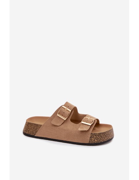 Klapki Damskie Na Korkowej Platformie Ze Złotymi Klamrami Ciemnobeżowe Tovessa