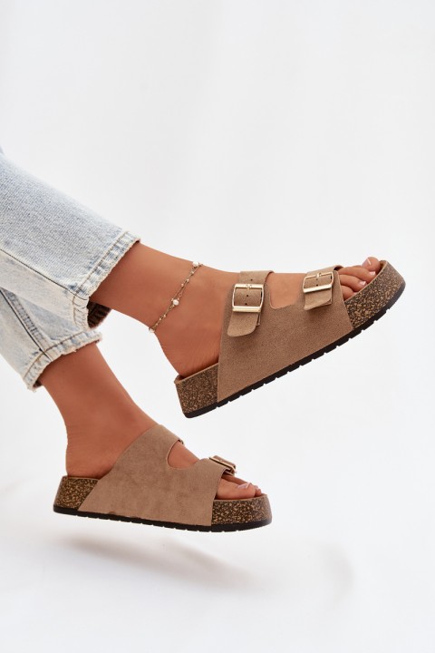 Klapki Damskie Na Korkowej Platformie Ze Złotymi Klamrami Ciemnobeżowe Tovessa