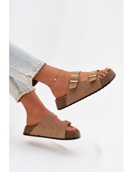 Klapki Damskie Na Korkowej Platformie Ze Złotymi Klamrami Ciemnobeżowe Tovessa