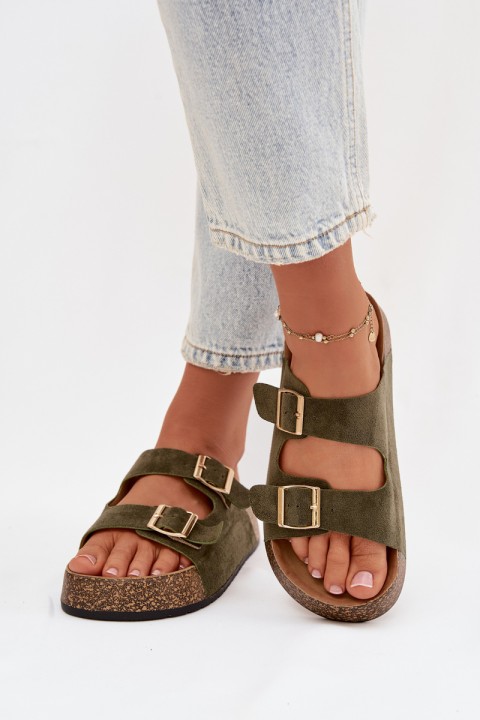 Womens Slippers On Cork Platform With Gold Clamps Green Tovessa