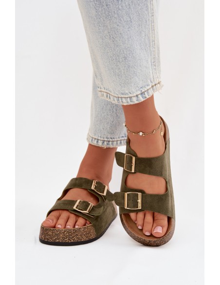 Womens Slippers On Cork Platform With Gold Clamps Green Tovessa