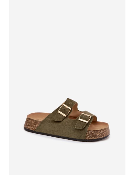 Womens Slippers On Cork Platform With Gold Clamps Green Tovessa