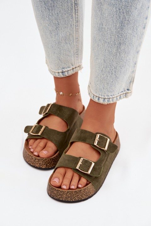 Womens Slippers On Cork Platform With Gold Clamps Green Tovessa