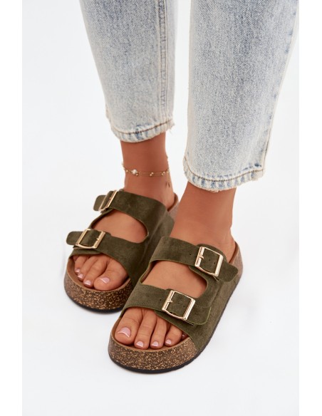 Moteriškos šlepetės ant kamštinės platformos su auksiniais spaustukais, žalios spalvos...