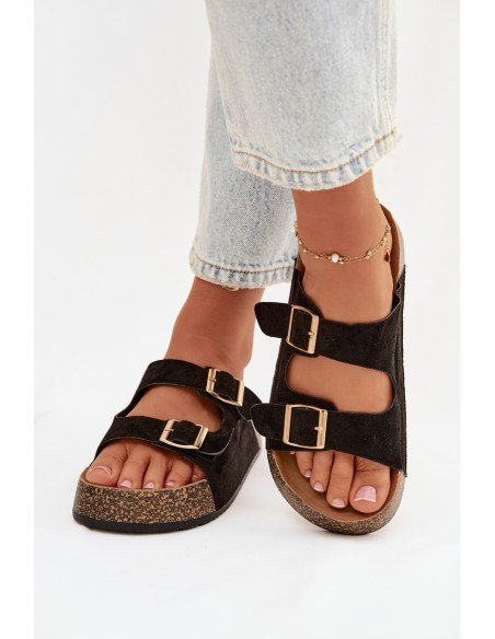 Women's Slippers on Cork Platform with Gold Clips Black Tovessa