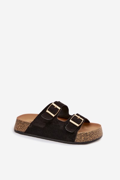 Women's Slippers on Cork Platform with Gold Clips Black Tovessa 2