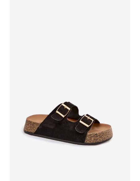 Women's Slippers on Cork Platform with Gold Clips Black Tovessa