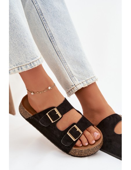 Women's Slippers on Cork Platform with Gold Clips Black Tovessa