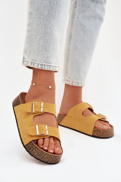 Women's Slippers on Cork Platform with Gold Clips Yellow Tovessa