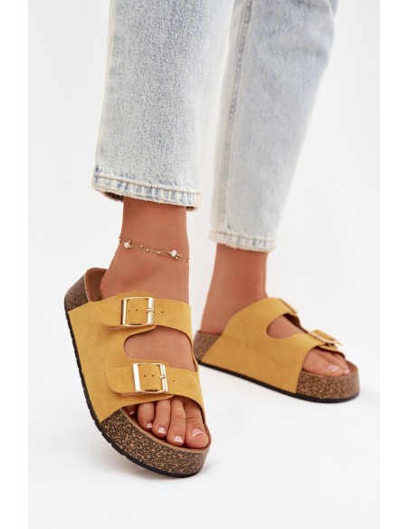 Women's Slippers on Cork Platform with Gold Clips Yellow Tovessa