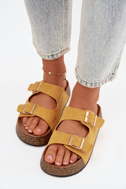 Women's Slippers on Cork Platform with Gold Clips Yellow Tovessa