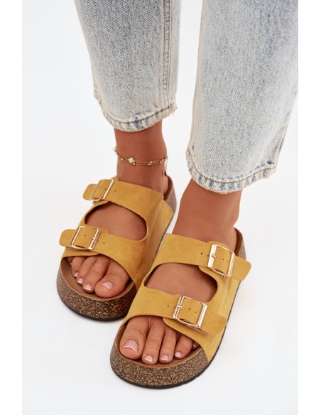 Women's Slippers on Cork Platform with Gold Clips Yellow Tovessa