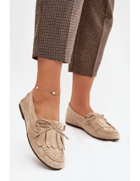 Women's Beige Moccasins with Lacing and Fringes Glorina