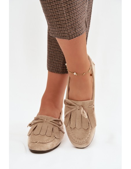 Women's Beige Moccasins with Lacing and Fringes Glorina