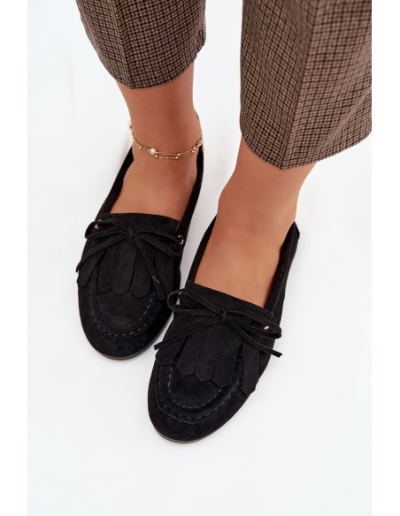 Women's Moccasins With Lacing And Fringes Black Glorina