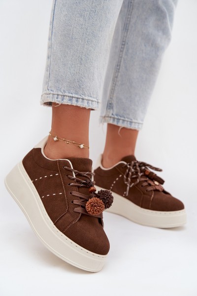 Women's Platform Sneakers with Decorative Pompons Chocolate Corinna